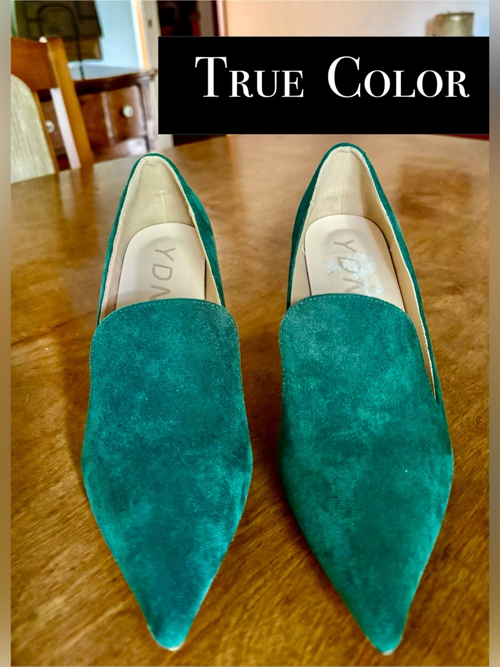 Women’s YDN green pointed toe faux-suede 3” heel pumps EUC